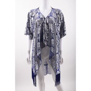 LulaRoe Womens Monroe Fringe CoverUp Duster Shawl Top S Small Blue Silver NWT